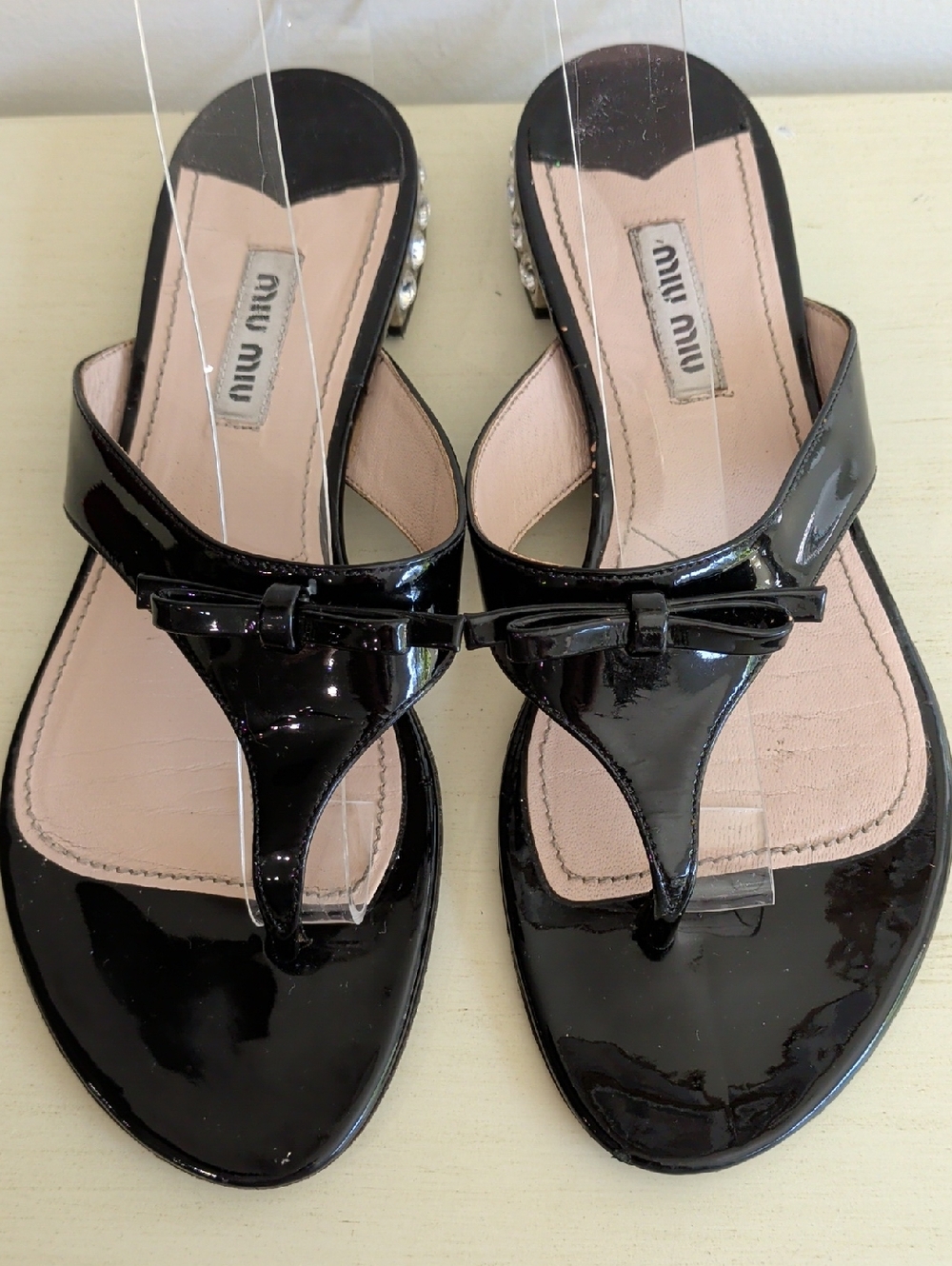 Miu Miu Black Patent Leather Thong Sandals with Bow And Silver Gems Size 37.5